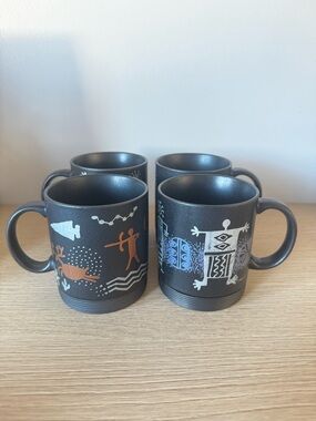 Set of 4 Black Ceramic Mugs with Tribal Accent Designs